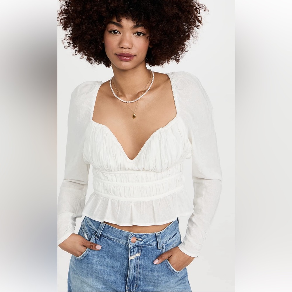 NWT: Free People “Chloe” long sleeve Top, Sweetheart Blouse, White, size L